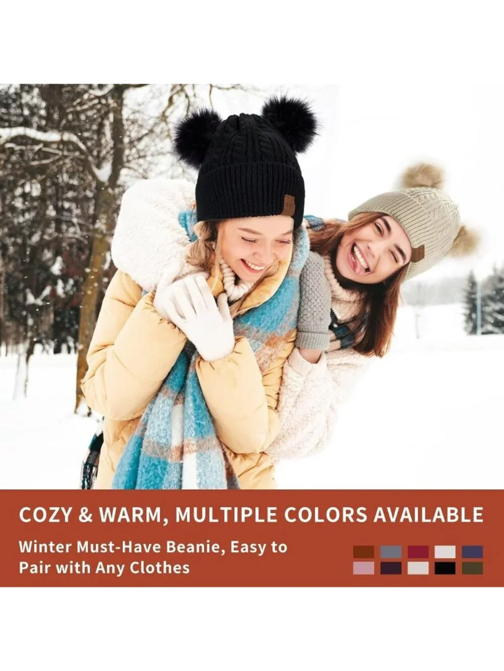 Women's Black Elastic Birthday Winter Hats Knit Fleece Cute Beanie Fashion Cap